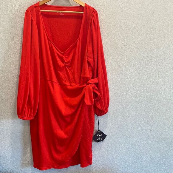 NEW Red Ava & Viv Balloon Sleeve Tulip Wrap Dress Size 2X - Picture 2 of 8